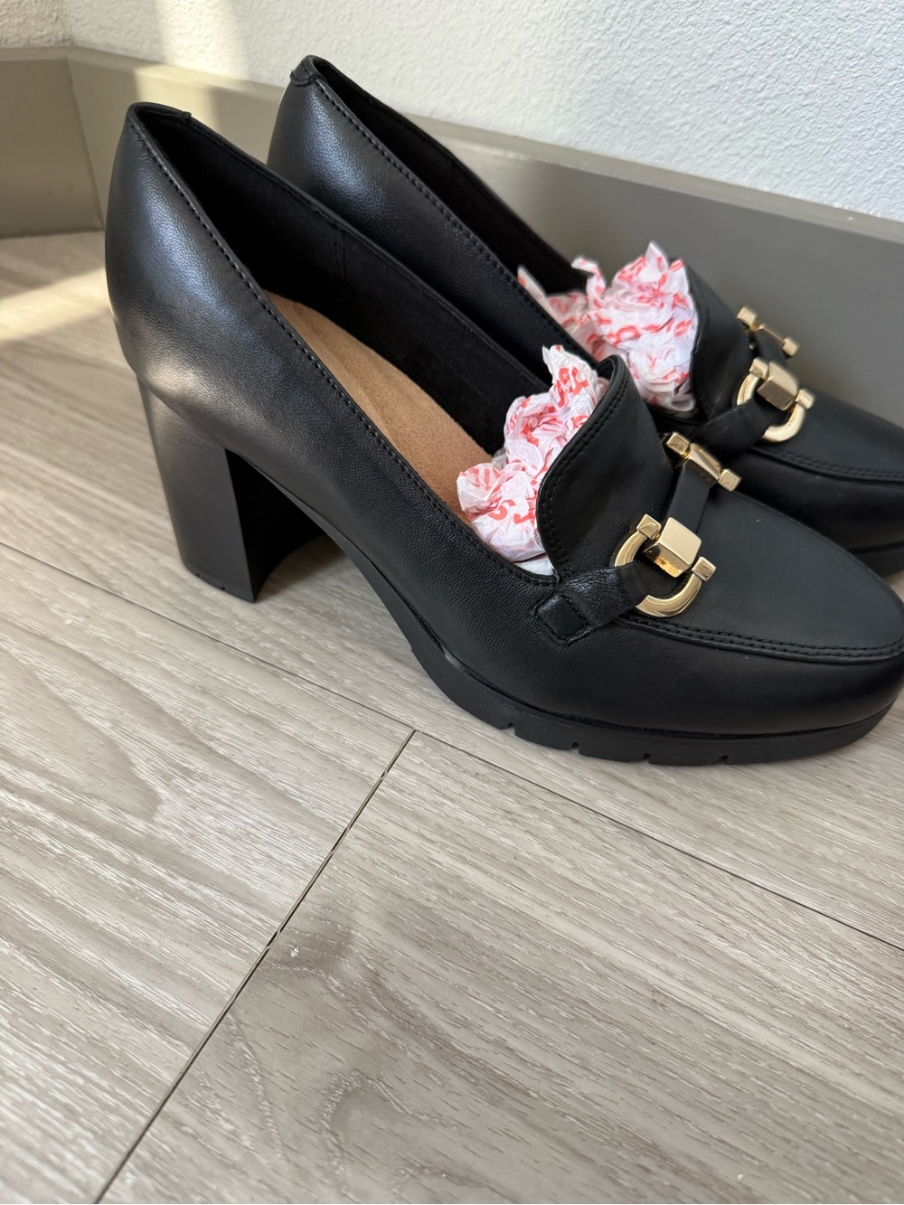Easy Spirit Black Block Heel Loafers with Gold Buckle
